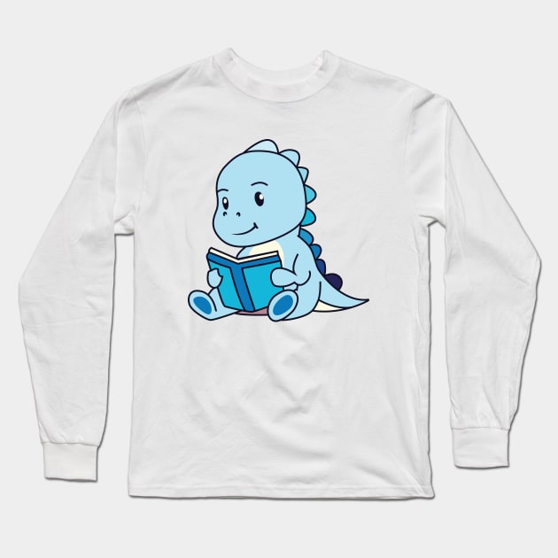 Cute Blue Dinosaur Long Sleeve T-Shirt by Kawaii Bomb